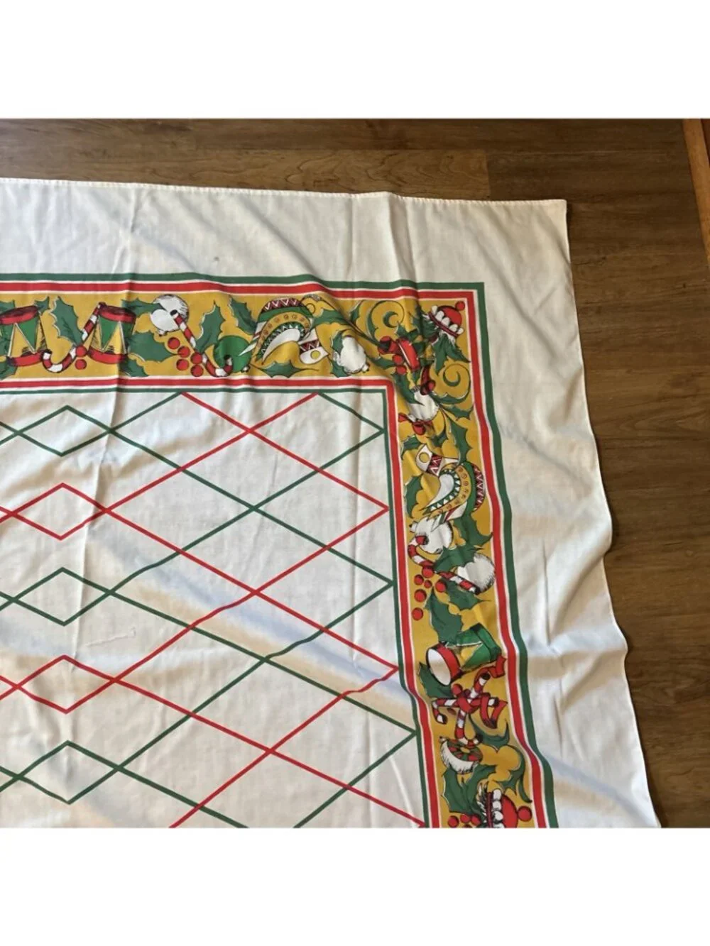 Vintage Large Christmas Tablecloth Red Green & Gold Border Size 81 X 60